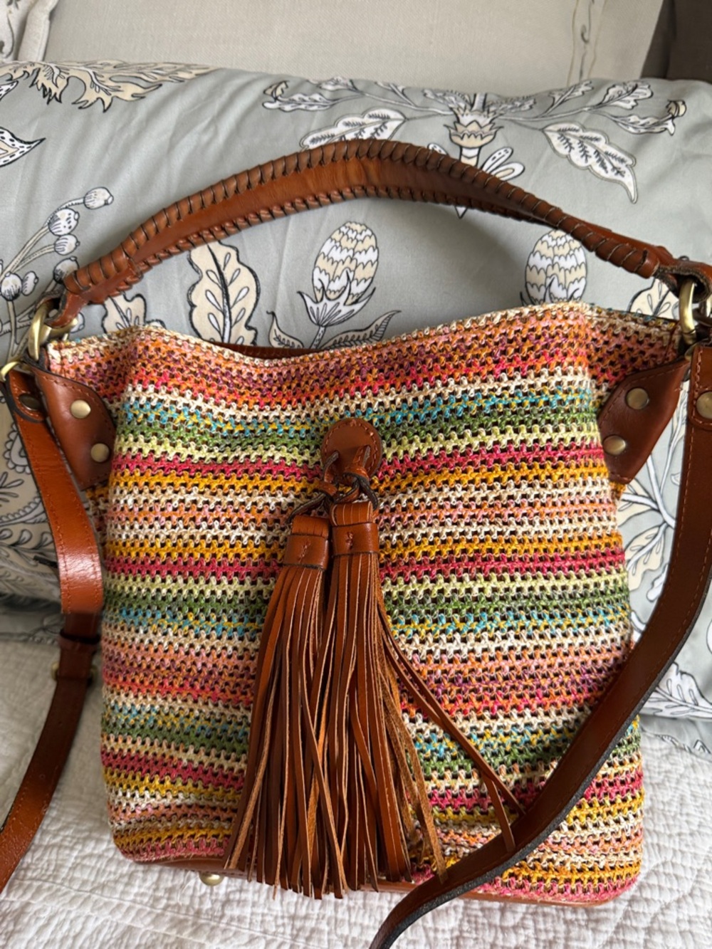 Patricia Nash Leather-Trim Multicolor Crochet Bucket Bag - Brown - Picture 8 of 12